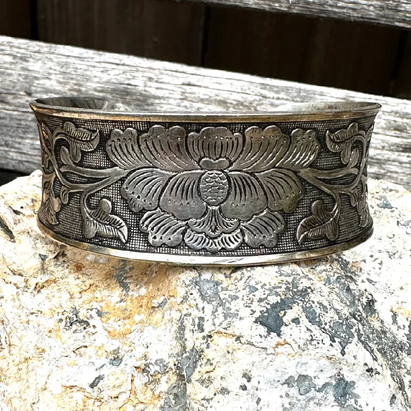 women men’s leather bracelets -Vintage S925 Sterling Silver Embossed Large Cuff Bracelet