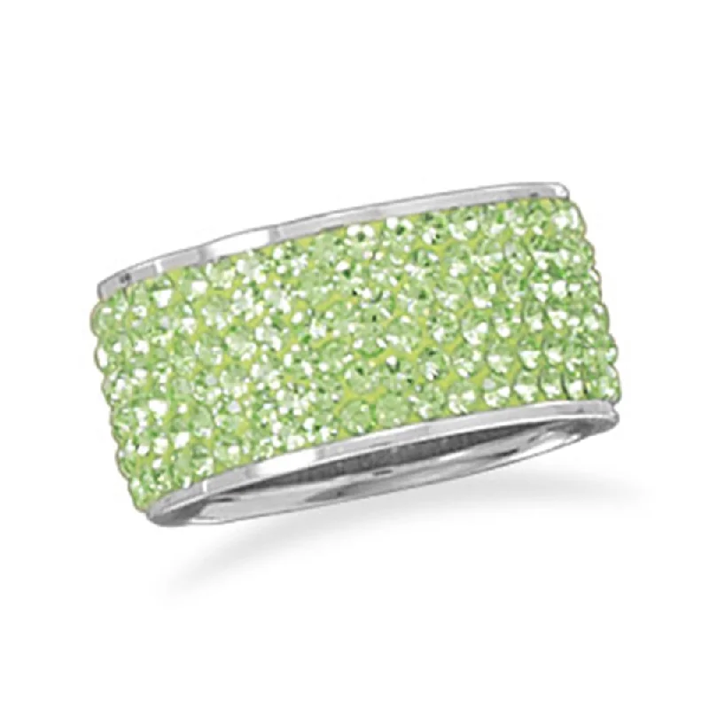 women pearl rings -Wide Band Ring Pave Green Crystal 10.5mm Sterling Silver