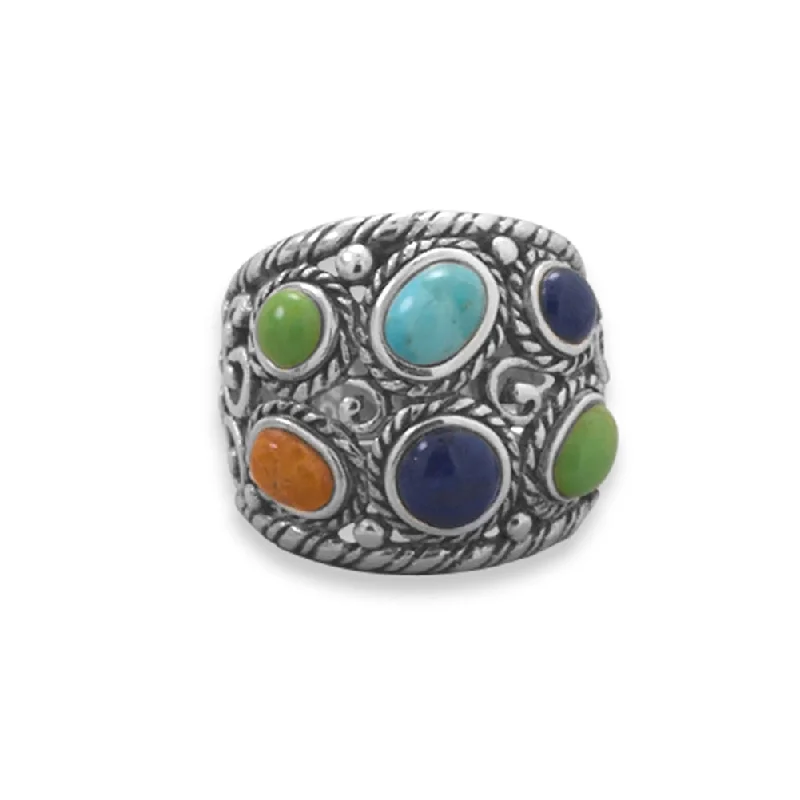 women large cocktail rings -Wide Ring with Six Stones Sterling Silver