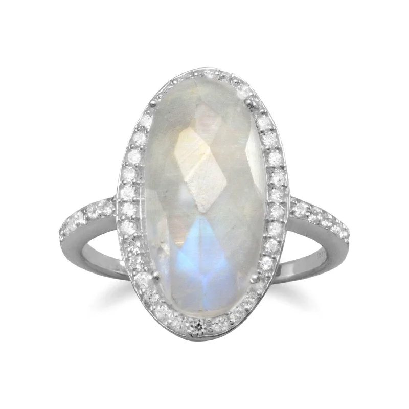 women ruby rings -Oval Rainbow Moonstone Ring with Cubic Zirconia Halo Sterling Silver