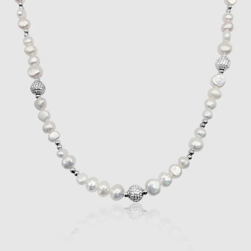 women statement necklaces -Iced Beaded Real Pearl Necklace (Silver)