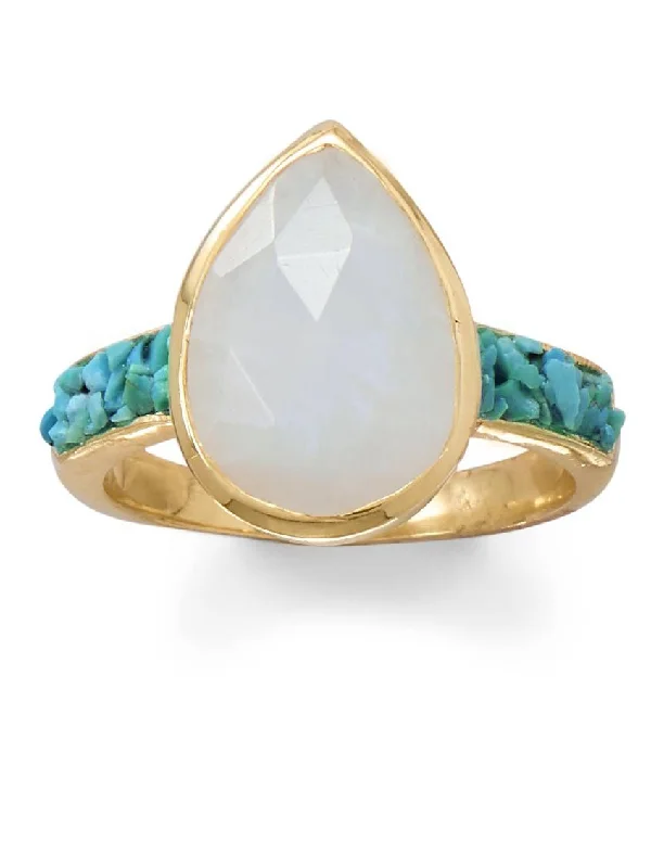 women delicate rings -Rainbow Moonstone and Turquoise Ring Gold-plated Sterling Silver