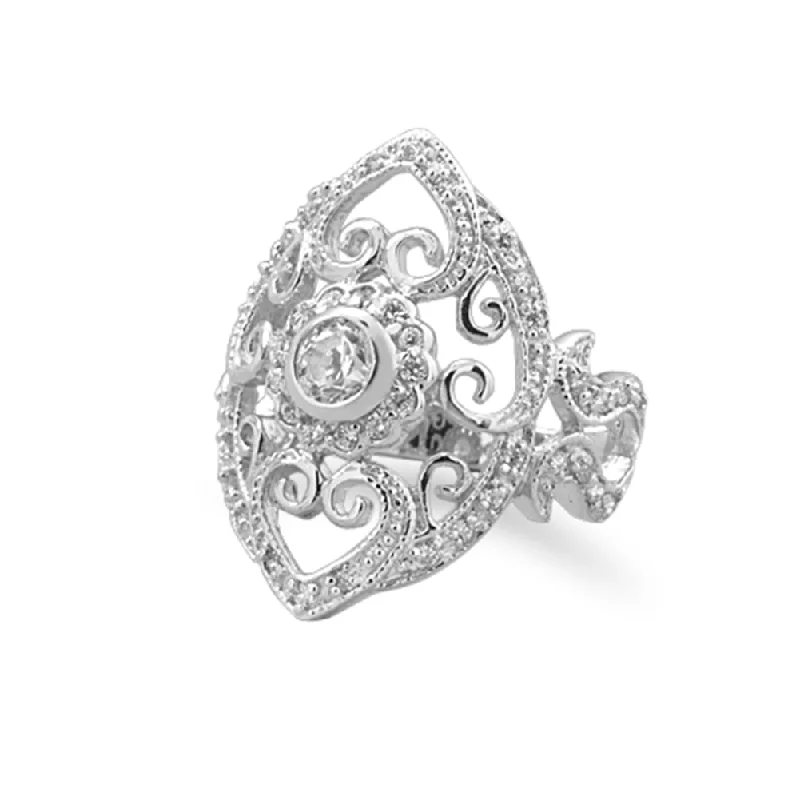 women heart-shaped rings -Vintage Filigree Heart and Scroll Design Ring with CZ Rhodium on Sterling Silver