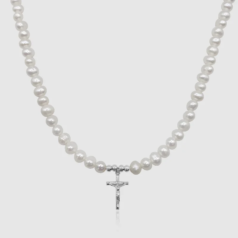 women silver plated necklaces -Crucifix Real Pearl Necklace (Silver)