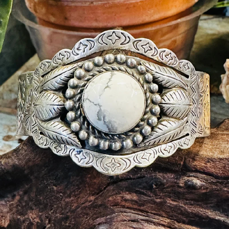 women bracelets -Vintage Sanford Nickel Silver & White Howlite Cuff Bracelet