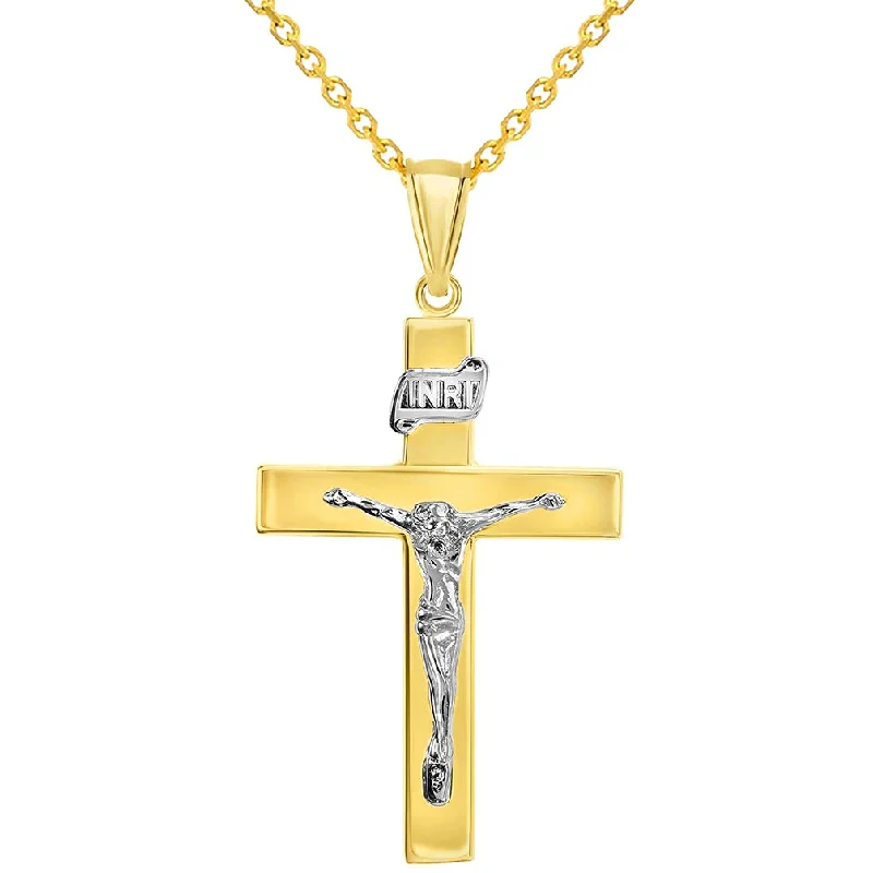 women beaded necklaces -14k Two-Tone Gold 4mm Thick INRI Tubular Crucifix Roman Catholic Cross Pendant With Cable, Curb or Figaro Chain Necklace