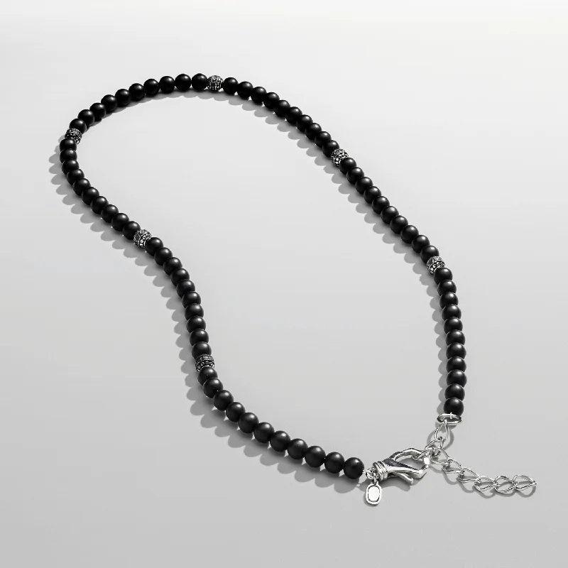 women boho style necklaces -Matte Onyx Beaded Necklace (Silver)