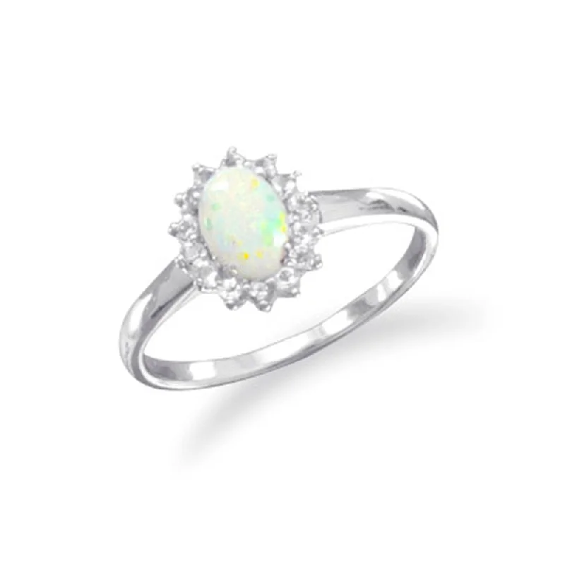 women stylish rings -Australian Opal and White Topaz Ring Rhodium on Sterling Silver  Nontarnish