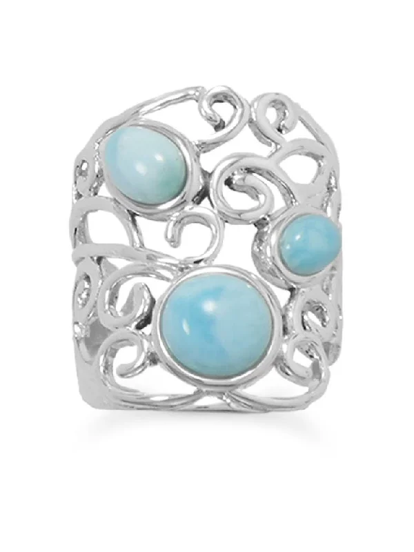 women gemstone wedding rings -Larimar Ring Atlantis Stone Sterling Silver Wave Scroll Filigree Design