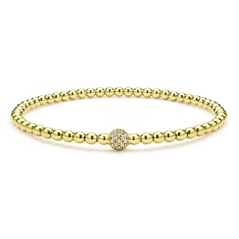 women engraved bracelets -Lagos 18k Caviar Gold and Diamond Bead Bracelet, 3mm