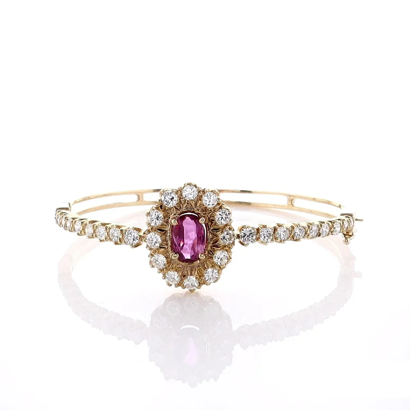 women silver bracelets -Estate 18k Yellow Gold Hinged Oval Pink/Purple Sapphire and Diamond Bangle Bracelet