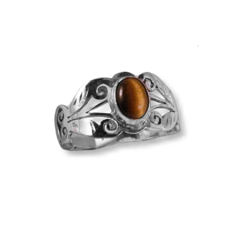 women eco-friendly rings -Tiger Eye Sterling Silver Scroll Design Ring