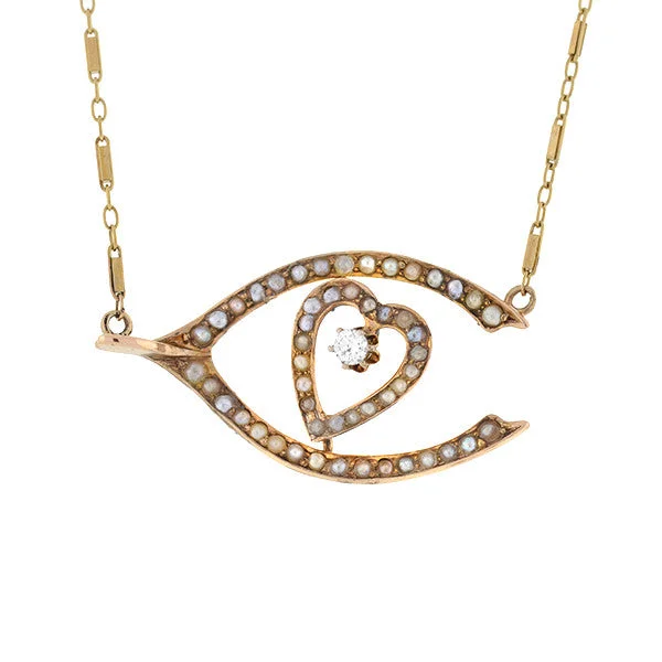 women beaded statement necklaces -Victorian 14kt Pearl & Diamond Wishbone & Heart Necklace