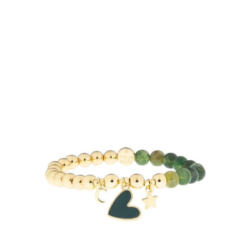 women vintage bangles -green jade enamel heart charm beaded bracelet