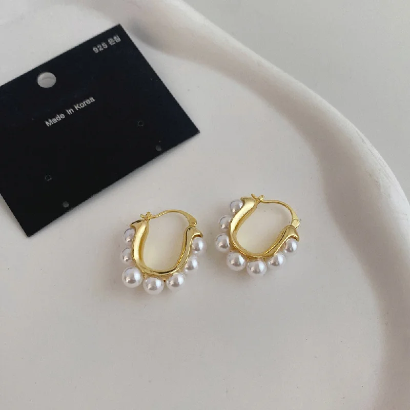 women casual earrings -Gold Hoop Earrings with Pearl Accents  jlt11729