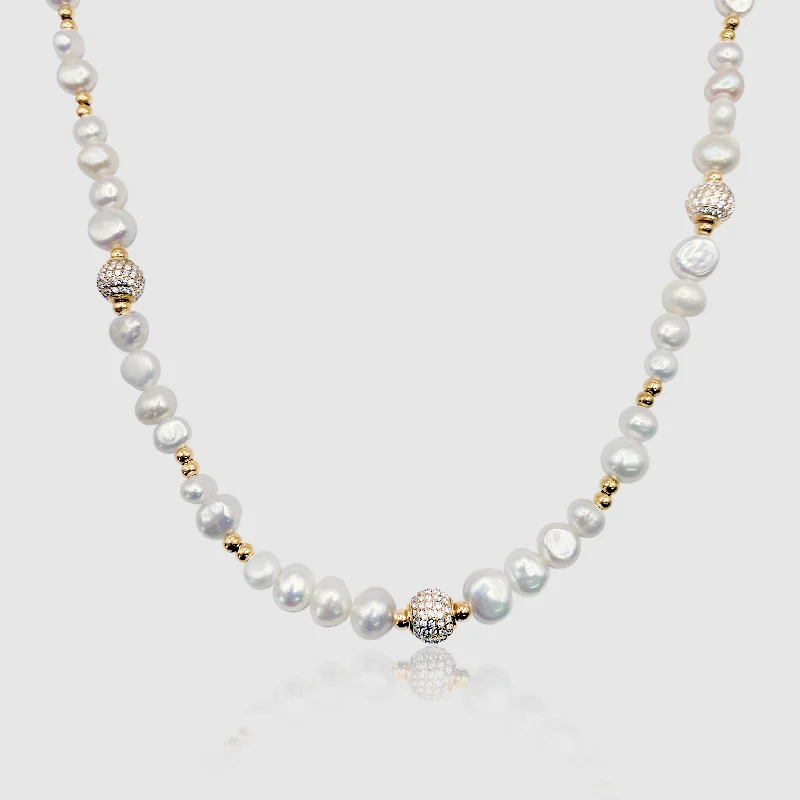 women anniversary necklaces -Iced Beaded Real Pearl Necklace (Gold)