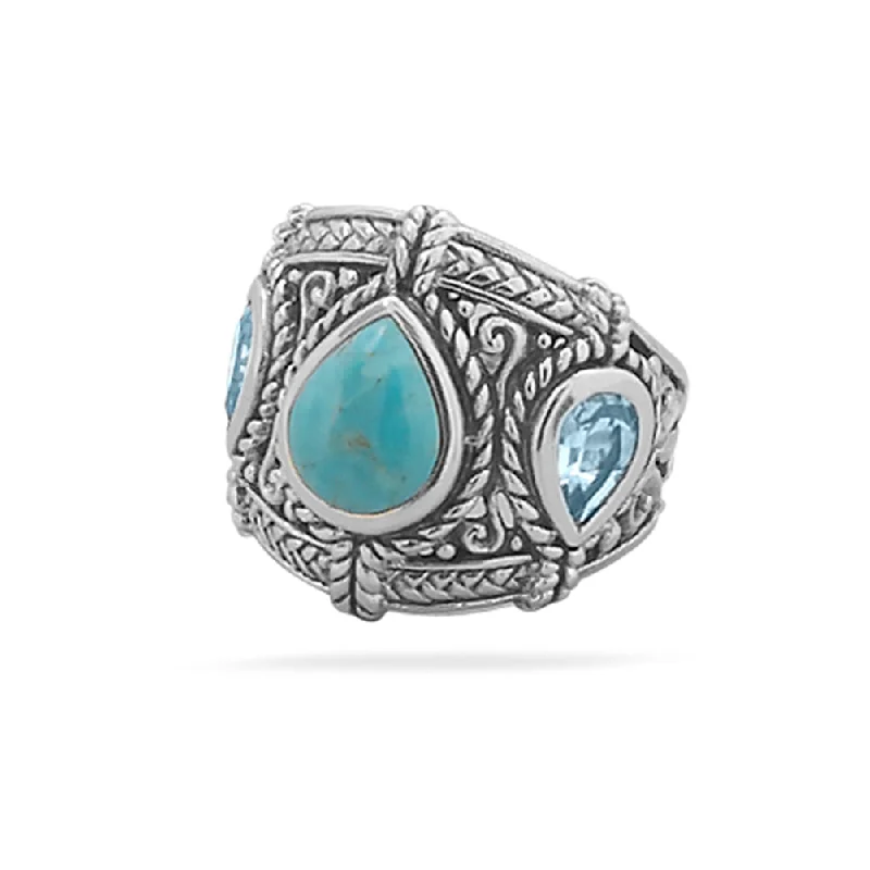 women engraved rings -Reconstituted Turquoise and Blue Topaz Ring Sterling Silver Band Antique Finish