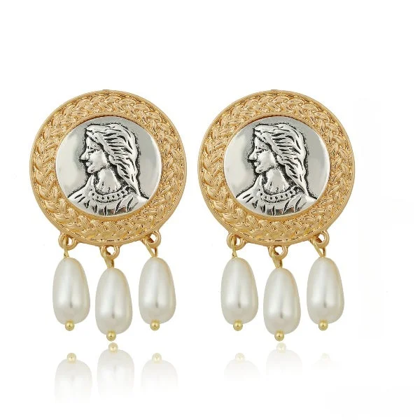 women delicate drop earrings -Gold Tone Pearl Bead Hanging Round Girl Embellished Stud Earrings JLT12873