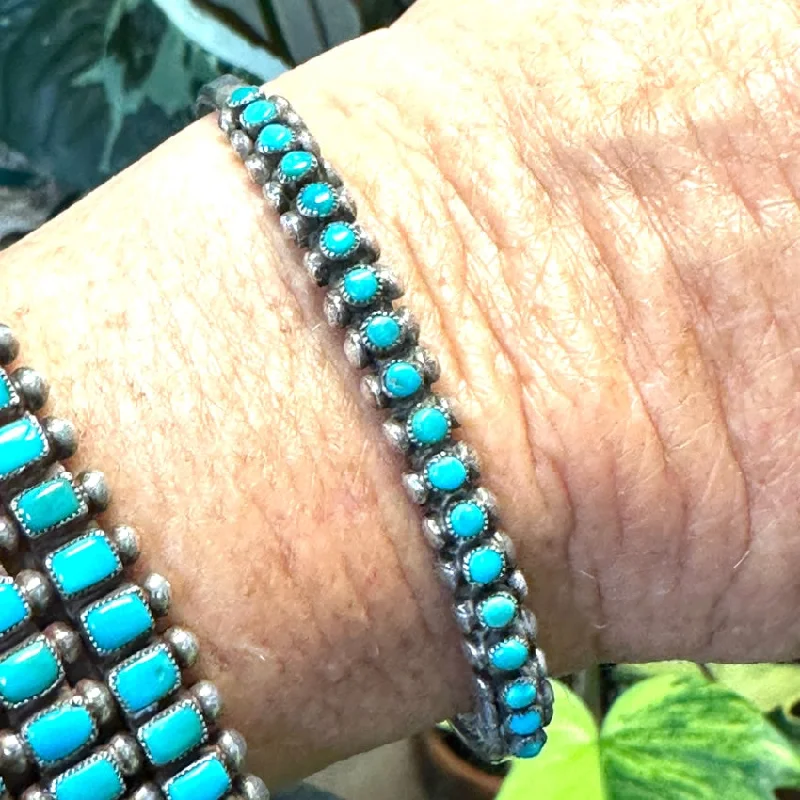 women chic bracelets -OLD Hand Hewn Zuni Sterling Silver Turquoise Row Bracelet