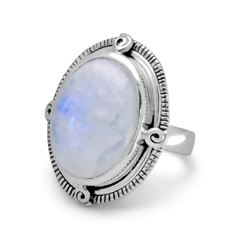 women fashion rings -Oval Rainbow Moonstone Ring Spiral Coil Accents Antiqued Sterling Silver