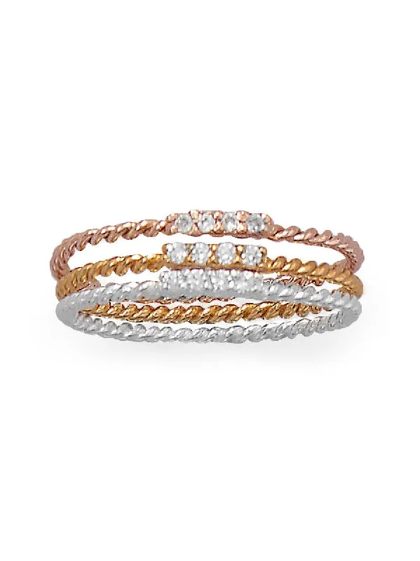 women bold rings -Set of 3 Stacking Rings with Cubic Zirconia Three Tone Rope Twist Band