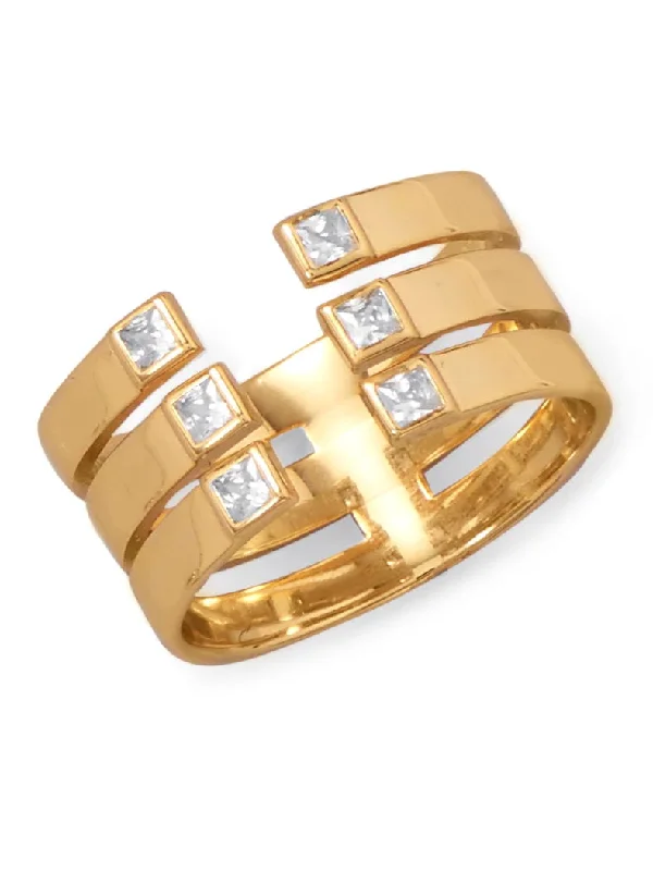 women engagement bands -Stacked 3-row Ring with Square Cubic Zirconia Gold-plated Sterling Silver