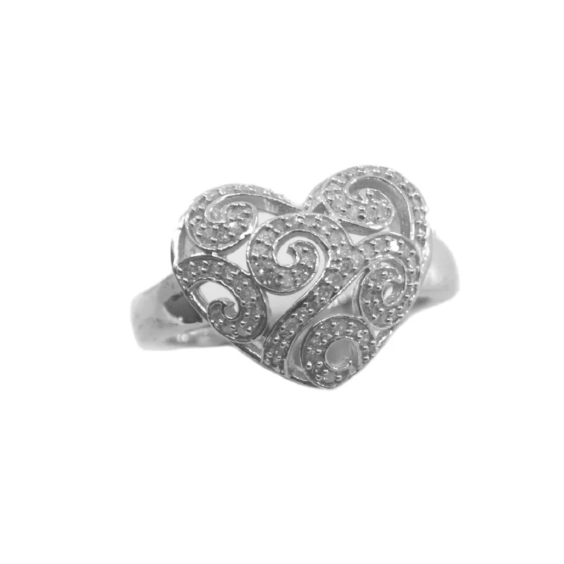 women heirloom rings -Genuine Diamond Heart Ring with Scroll Design Rhodium on Sterling Silver