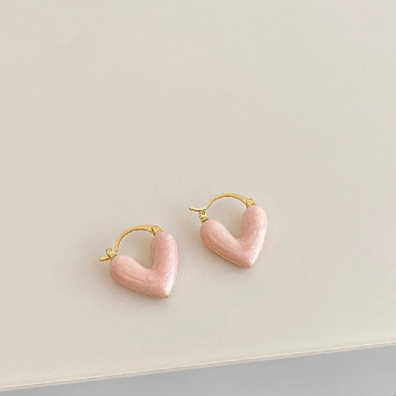 women minimalistic stud earrings -Gold Hoop Earrings with Pink Heart Charms jlt11725