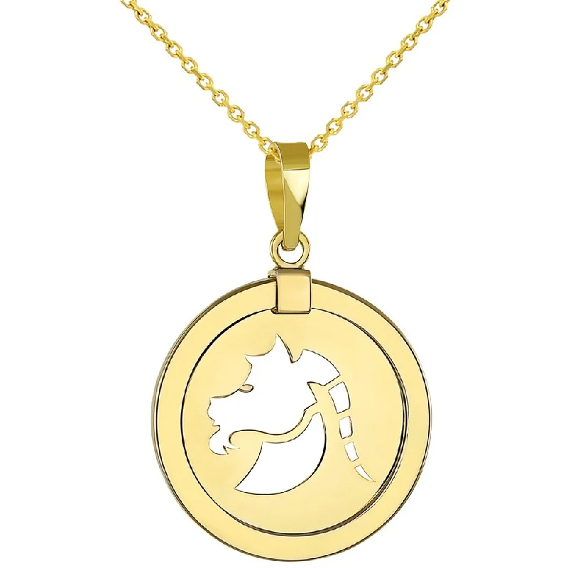 women custom name necklaces -14K Yellow Gold Reversible Round Capricorn Goat Zodiac Sign Pendant With Cable, Curb or Figaro Chain Necklace