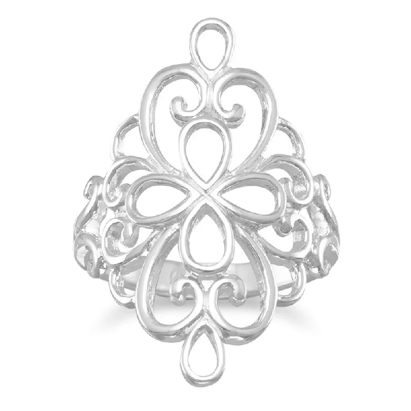 women birthstone rings -Large Filigree Ring Polished Cut Out Design Sterling Silver