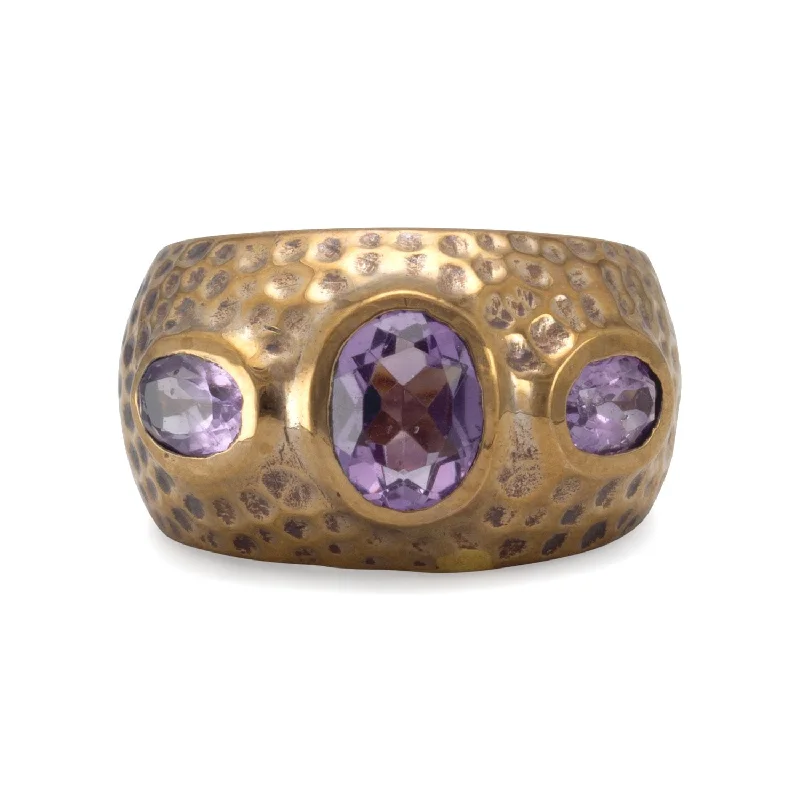 women engraved rings -Three Stone Amethyst Ring Hammered Bronze Graduated Band