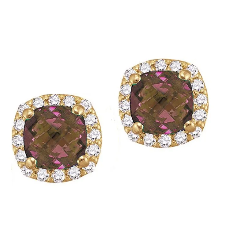 women chic stud earrings -5MM Cushion Alexandrite and White Sapphire Birthstone Halo Stud Earrings in 10KT Yellow Gold