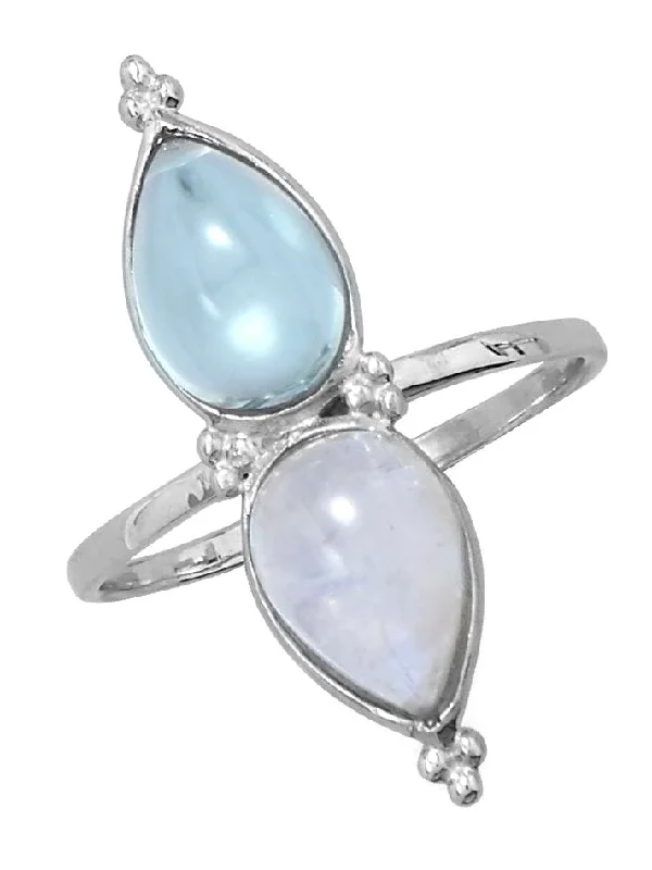 women stackable wedding rings -Rainbow Moonstone and Blue Topaz Teardrop North South Sterling Silver Ring