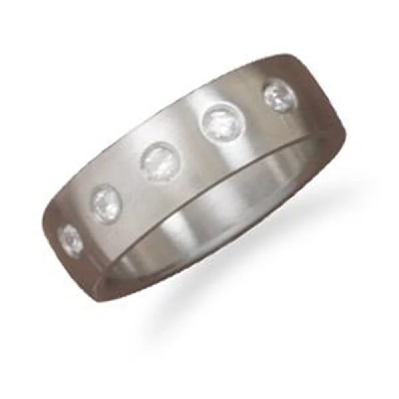 women bold rings -Stainless Steel Band Ring with Cubic Zirconia Accents