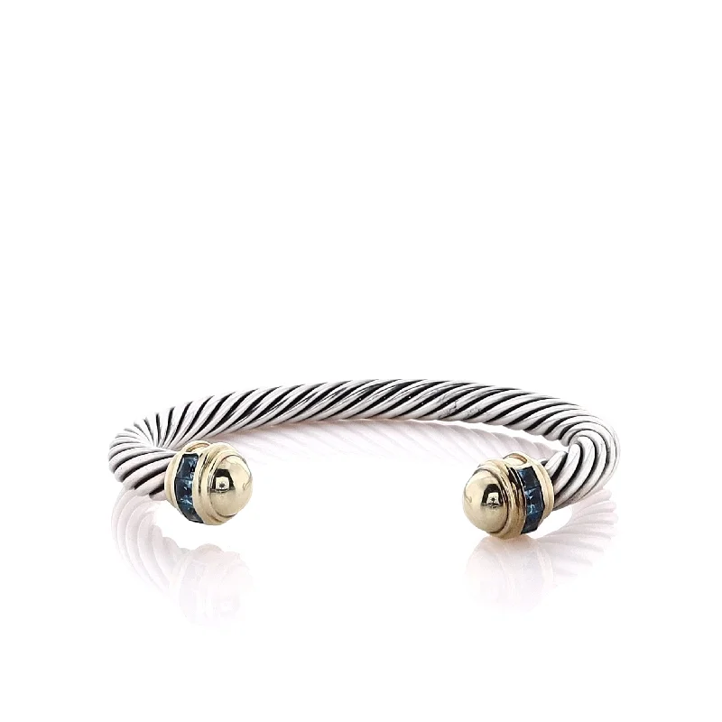 women trendy bangles -Estate David Yurman Two-Tone Cable Design Blue Topaz Cuff Bracelet