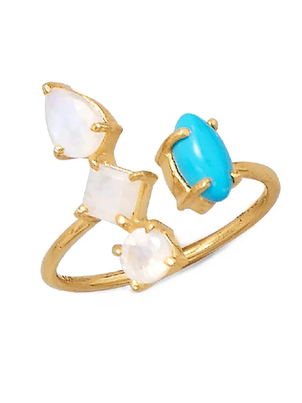 women gemstone cocktail rings -Rainbow Moonstone and Synthetic Turquoise Ring Stacked Design Split Band