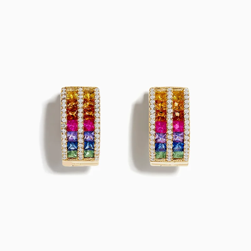 women dainty earrings -14K Yellow Gold Multi Color Sapphire and Diamond Hoop Earrings