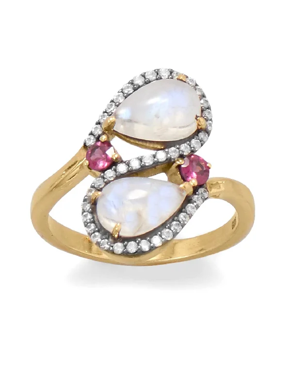 women delicate engagement rings -Rainbow Moonstone Rhodolite CZ Ring Two-tone Black Rhodium Gold-plated Silver