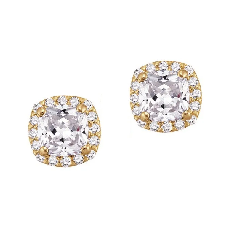 women trendy earrings -5MM Cushion White Topaz and White Sapphire Birthstone Halo Stud Earrings in 10KT Yellow Gold