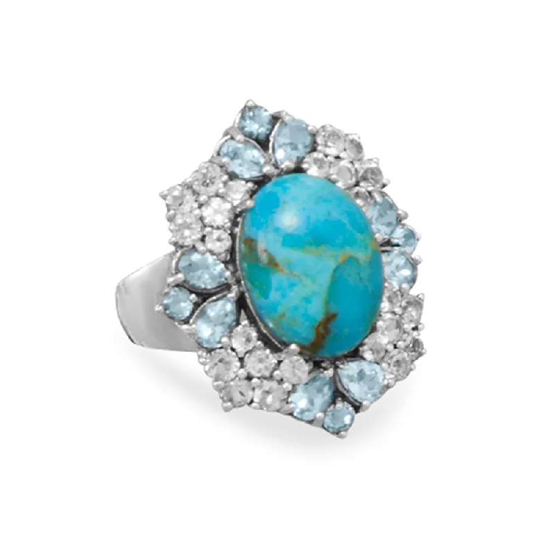 women stacking rings -Reconstituted Turquoise Ring with Blue and White Topaz Sterling Silver