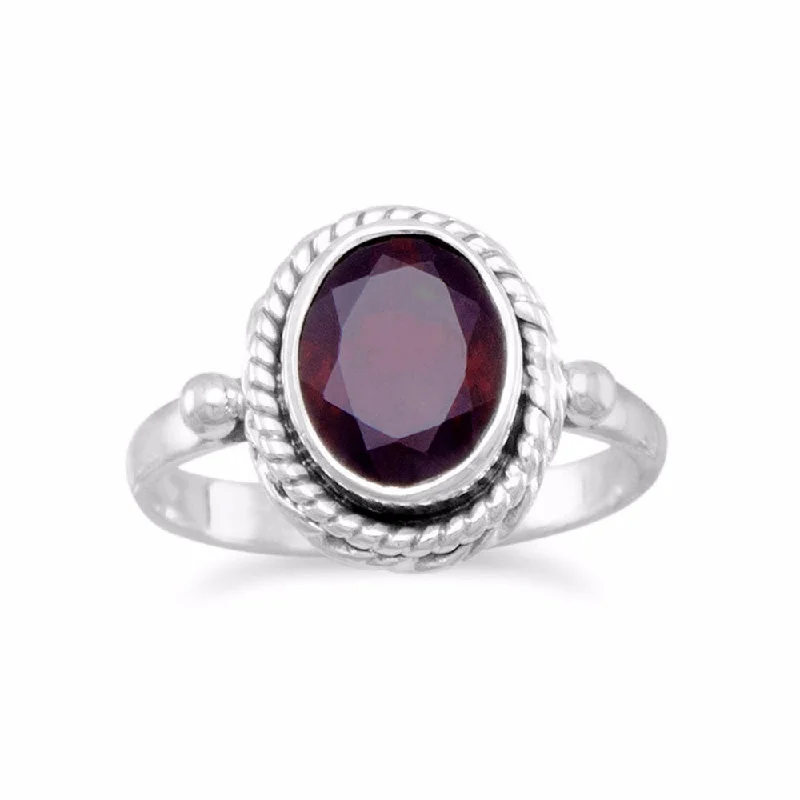 women engagement bands -Faceted  Garnet Ring Oval Sterling Silver Rope Design