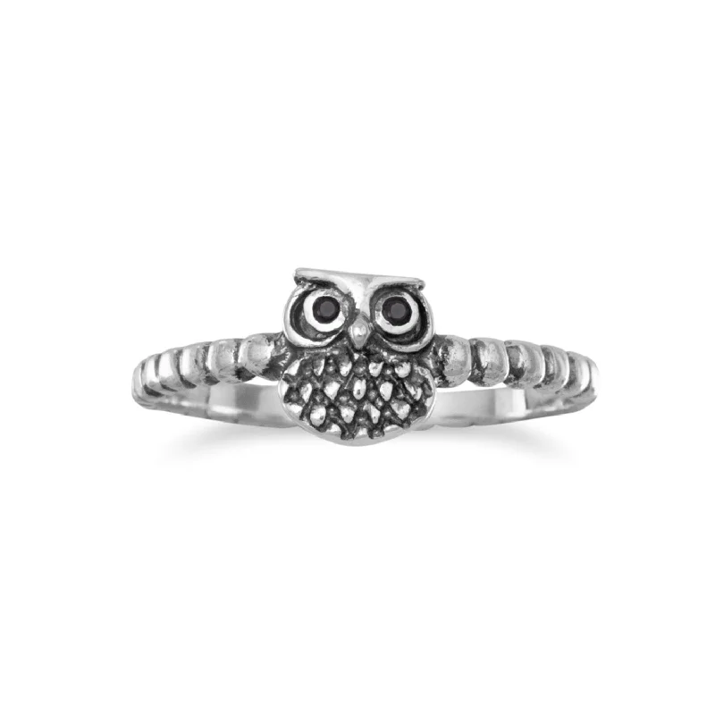 women promise rings for women -Cute Owl Ring with Black Cubic Zirconia Eyes Beaded Band Sterling Silver