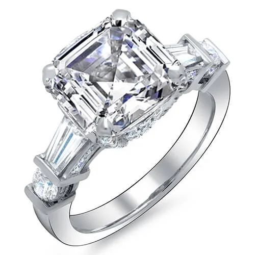 women cushion-cut engagement rings -3.80 Ct. Hidden Halo Asscher Cut Diamond Ring with Baguettes H Color VS1 GIA Certified