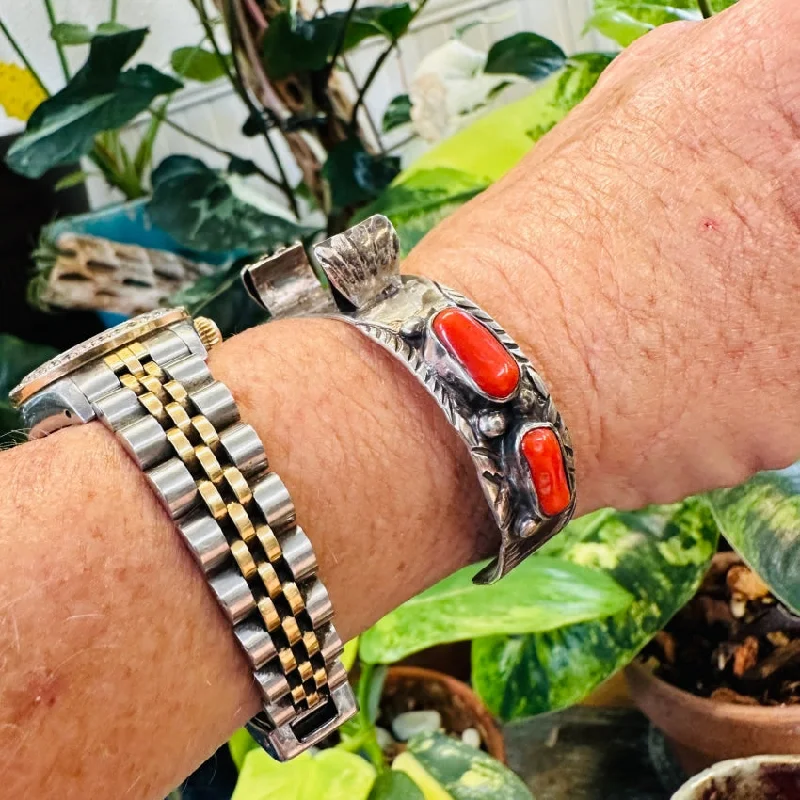 women birthstone bangles -Vintage Navajo Sterling Silver Cuff Bracelet Watch Band Coral