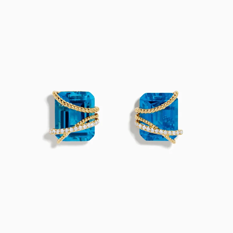 women gold hoop earrings -Ocean Bleu 14K Yellow Gold Blue Topaz and Diamond Earrings