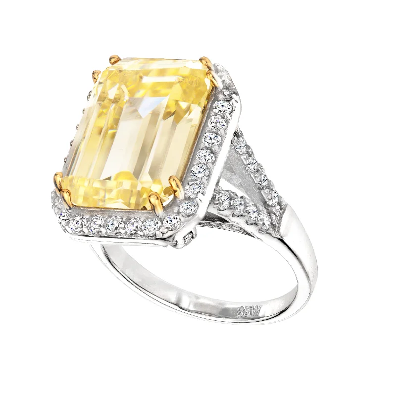 women men’s rings -Sterling Silver 8 Carat Fancy Light Yellow Emerald Cut Ring with 18 KGP Prongs