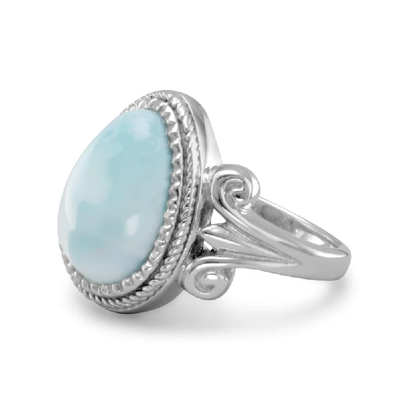 women solitaire rings -Larimar Ring Blue Atlantis Stone Pear Shape Sterling Silver