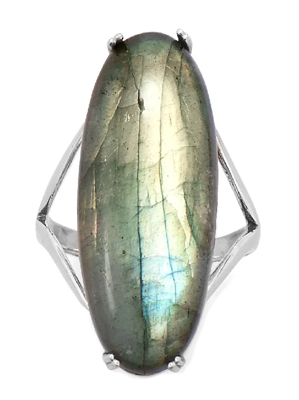 women diamond wedding rings -Labradorite Ring Large Elongated Oval with Split Band Sterling Silver