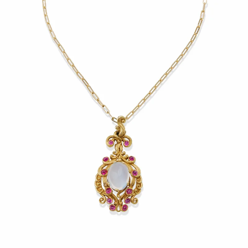 women layering necklaces -Moonstone and Ruby Gold Pendant Necklace