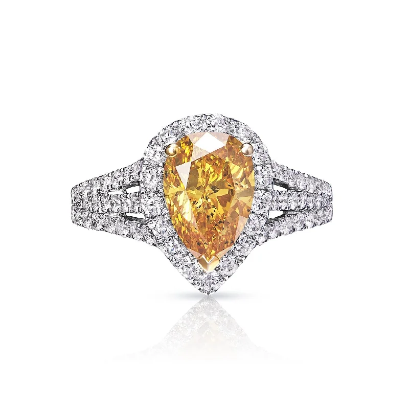 women ruby engagement rings -Valerie 3 Carat Fancy Vivid Yellow Orange Pear Shape Diamond Engagement Ring in 18k White Gold